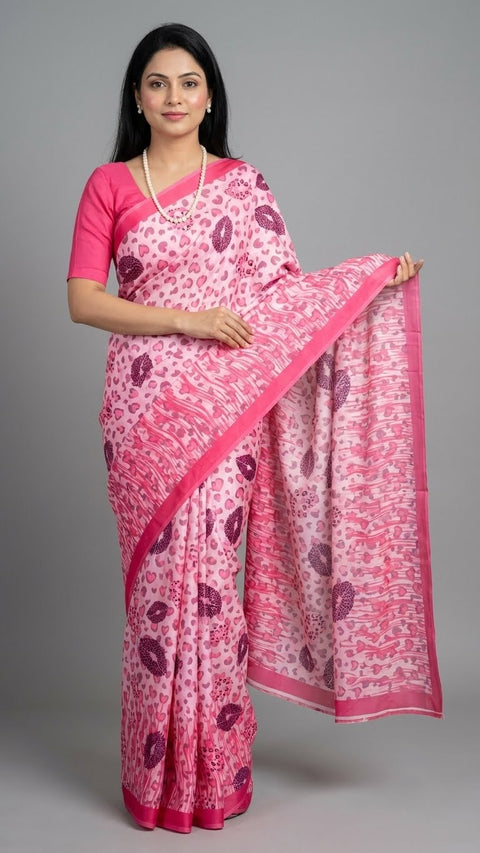 Satin Print Saree With Hearts