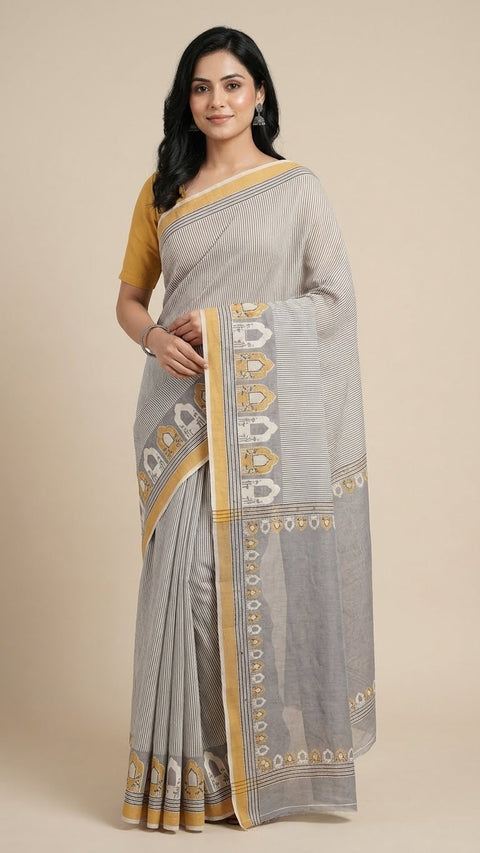Satin Print Sarees With Fine Vertical Stripes