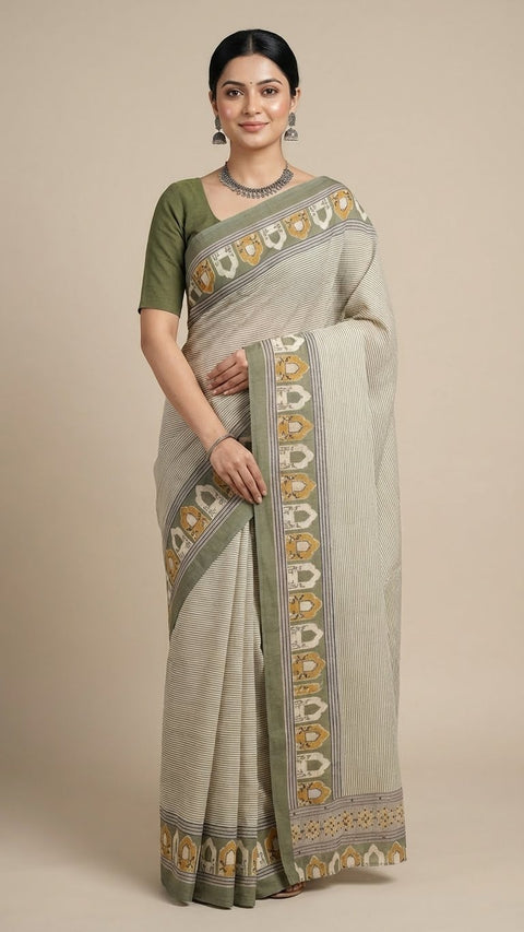 Satin Print Sarees With Fine Vertical Stripes
