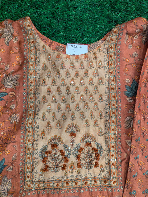 Muslin Kurti | Peach with Blue Leaves Print (102)