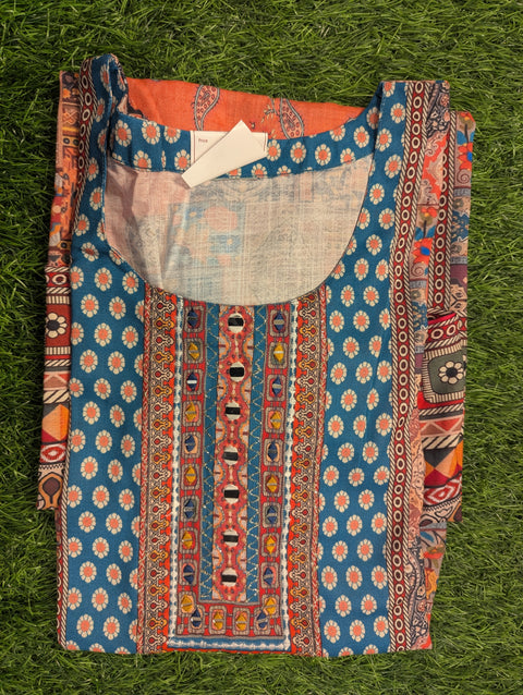 Muslin Printed Kurtii | Blue orange print mirror (111)