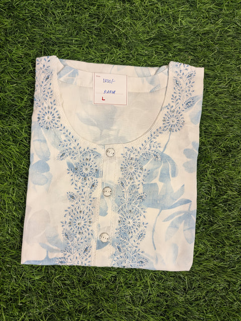 Premium Cotton Printed Kurti | White with blue floral print (120)
