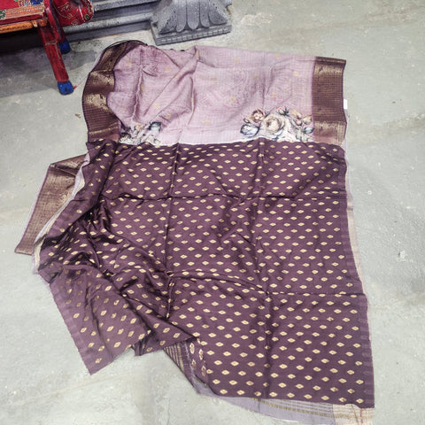 Mauve pink digital printed matka silk saree