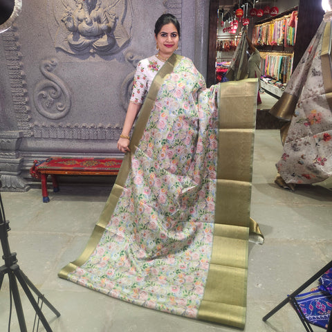 Bright grey digital printed kota saree