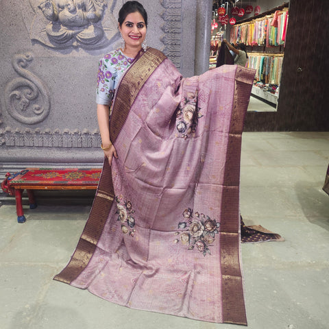 Mauve pink digital printed matka silk saree