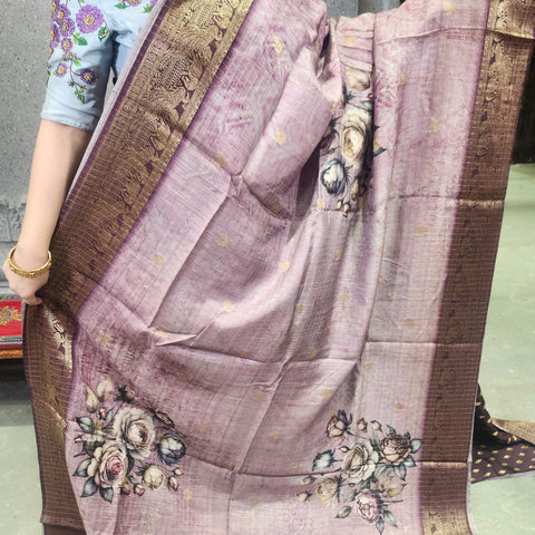 Mauve pink digital printed matka silk saree