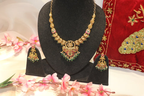 Emerald fuchsia stone gold temple necklace set
