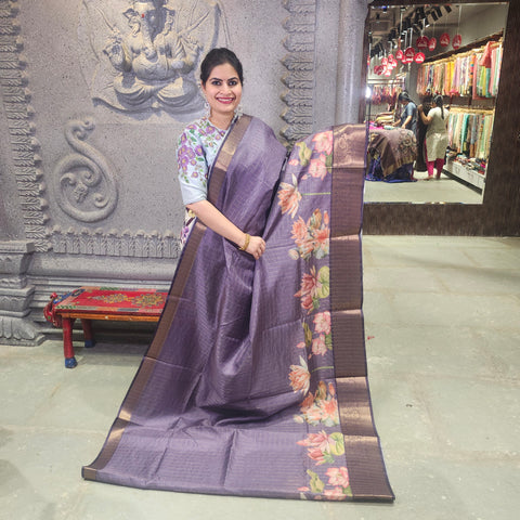 Dusky purple digital printed semi tussar saree