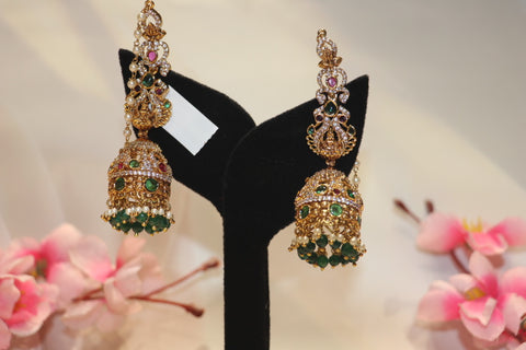 Long Temple Jhumkas with Side Chain