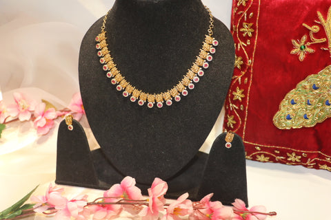 Fine ruby stone temple gold necklace set
