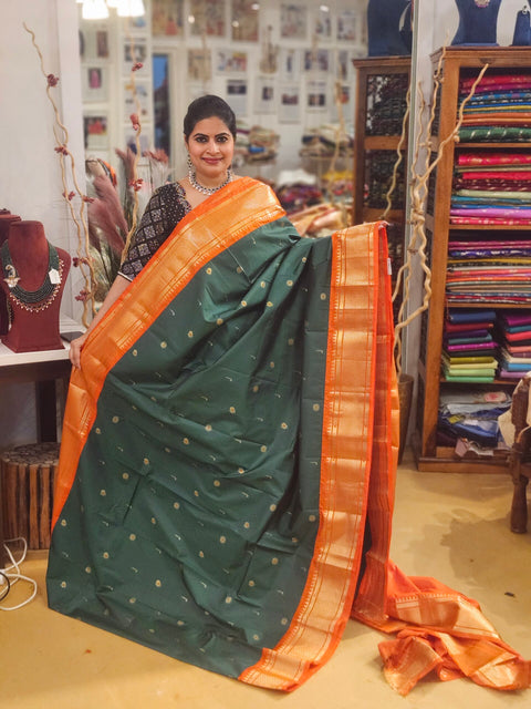 Saree – Green and Orange  Color Semi Gadwal