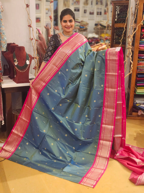 Saree – Pink and Peacock Blue  Semi Gadwal