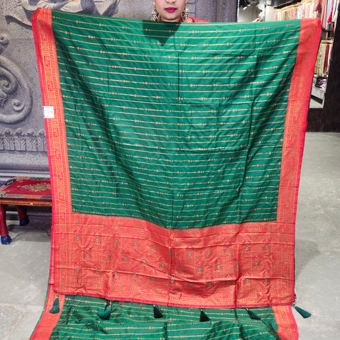 Fancy banaras bottle green saree 1