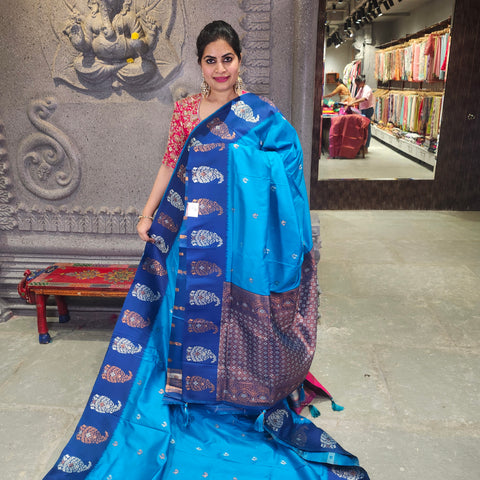 Fancy banaras vivid cerulean saree