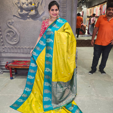 Fancy banaras clear yellow saree