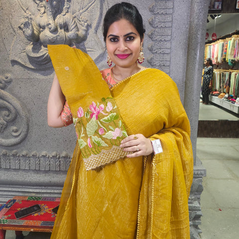 Plain Crushed Silk Saree With embroidery Blouse