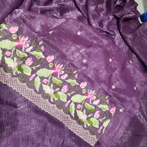 Plain Crushed Silk Saree With embroidery Blouse