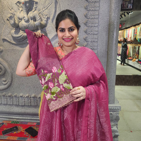 Plain Crushed Silk Saree With embroidery Blouse