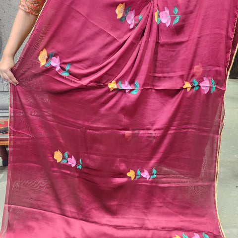 Hand painted satin crepe saree