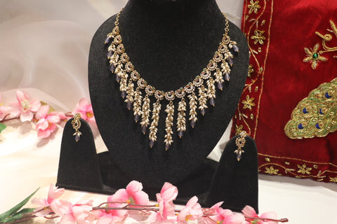 Tenzanite Pearls with stone gold necklace set
