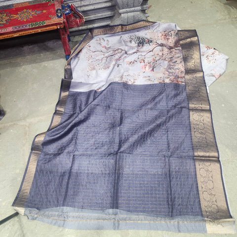 Cloud grey digital printed semi tussar saree