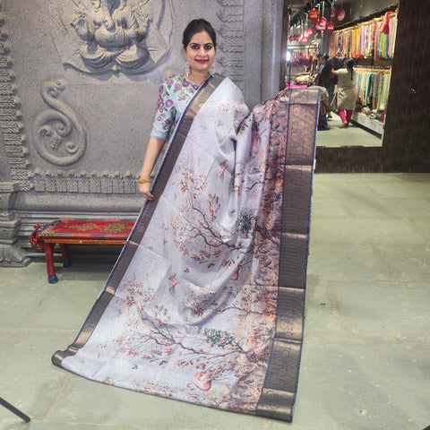 Cloud grey digital printed semi tussar saree