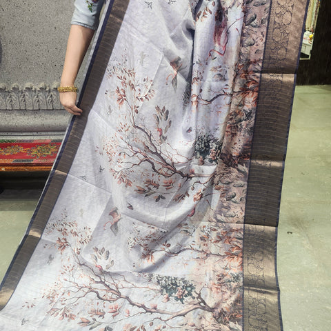 Cloud grey digital printed semi tussar saree