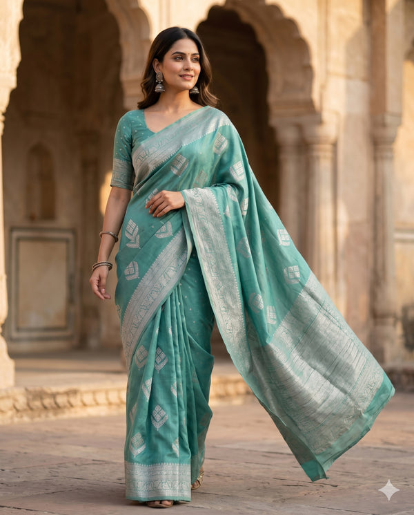 PURE CHINON TEAL GREEN SAREE