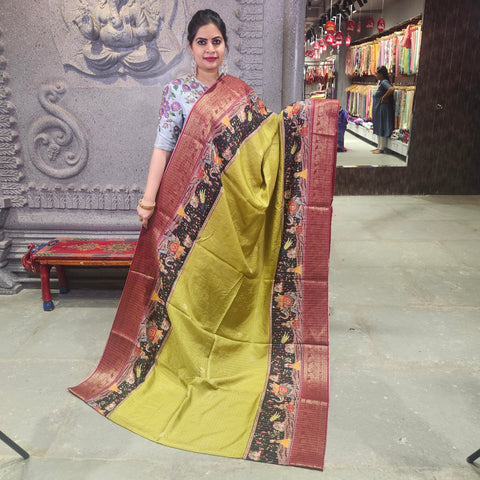 Lime green digital printed matka silk saree