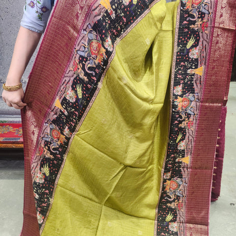 Lime green digital printed matka silk saree