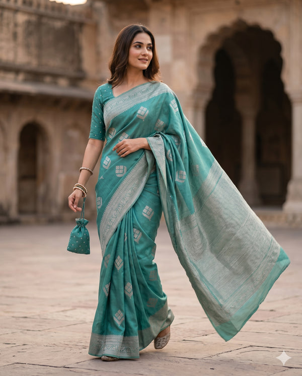 PURE CHINON TEAL GREEN SAREE