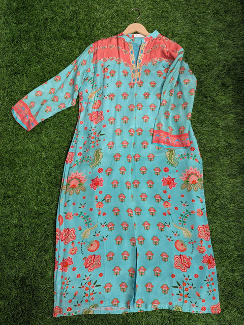 Pure Italian Crepe Printed Kurti | Blue Peach Print (41)