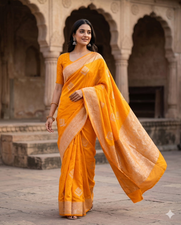 PURE CHINON MUSTARD YELLOW SAREE