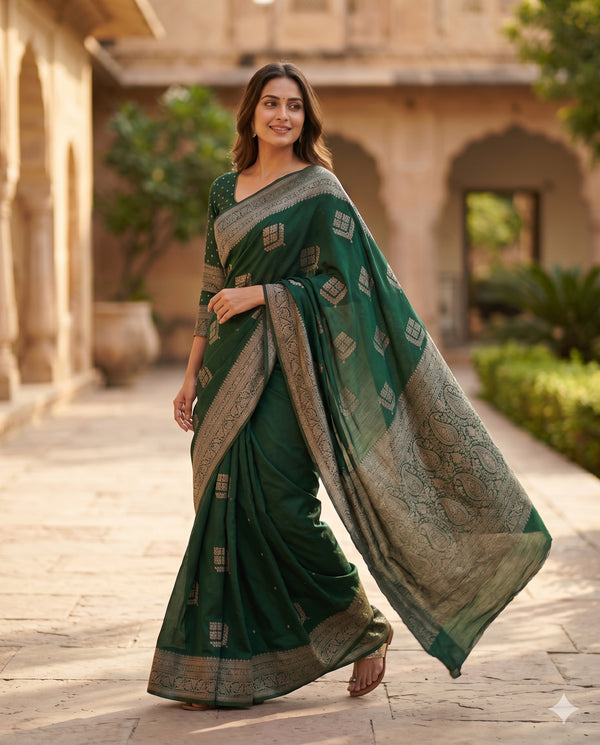 PURE CHINON DARK GREEN SAREE