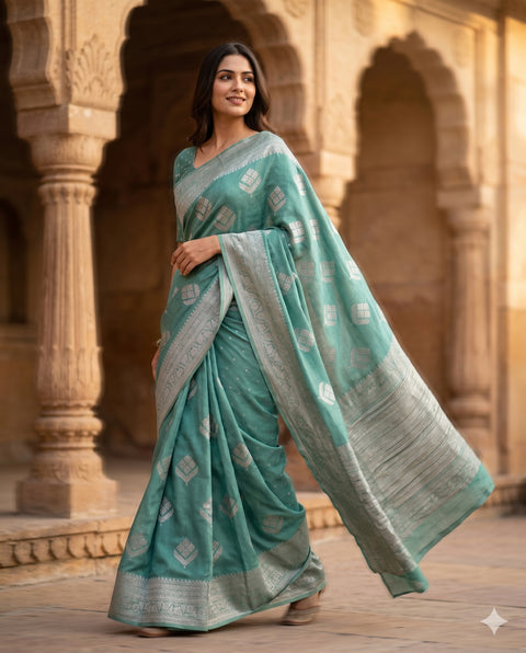 PURE CHINON TEAL GREEN SAREE