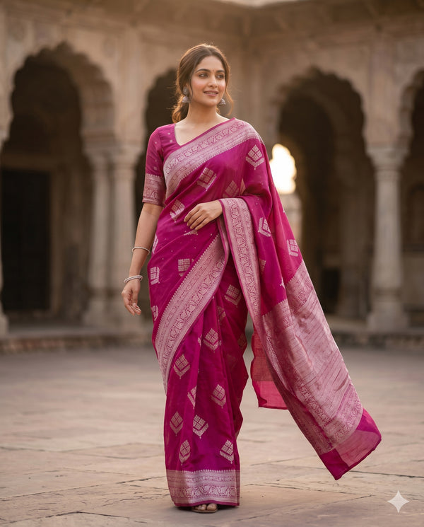 PURE CHINON RANI PINK SAREE