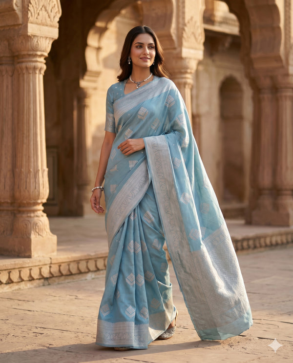 PURE CHINON PASTEL BLUE SAREE