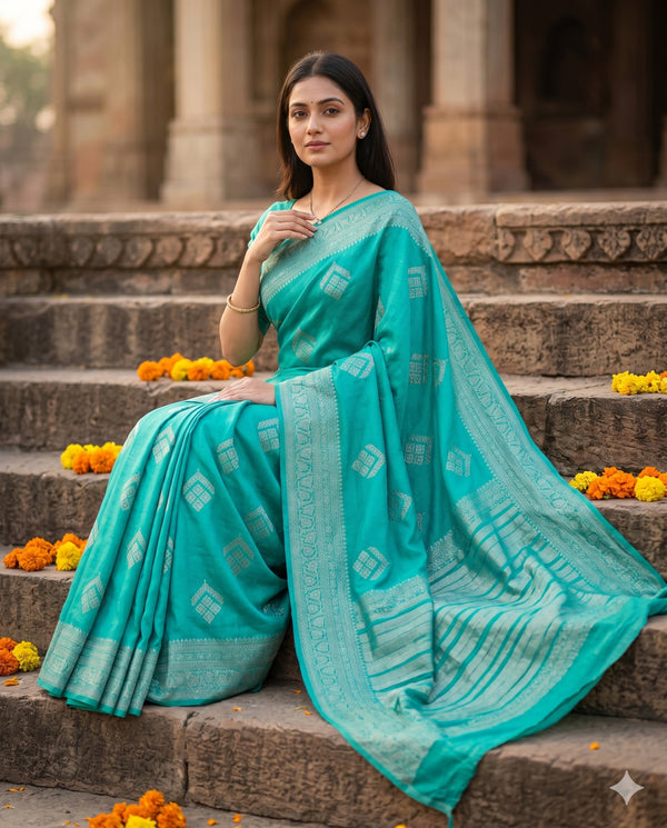 PURE CHINON TURQUOISE SAREE