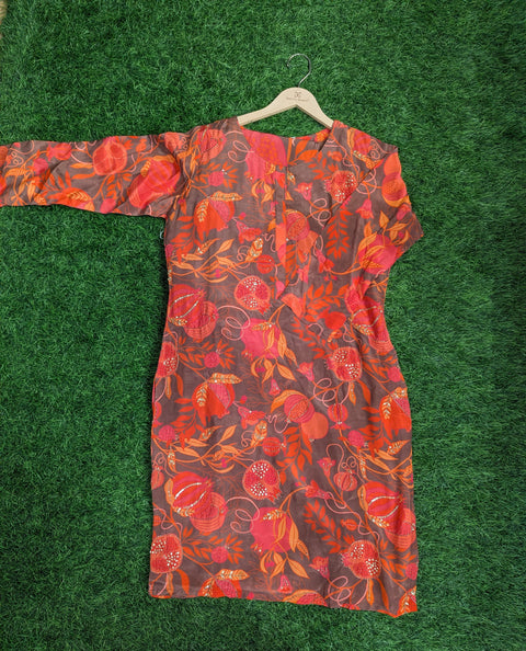 Pure Italian Crepe Printed Kurti | Orange Floral Print (44)