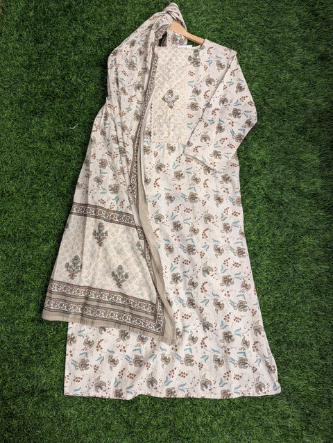 Cotton Printed Kurthi | White with Grey Floral Print (46)