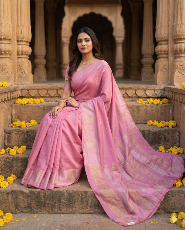 PURE CHINON PEACH PINK SAREE