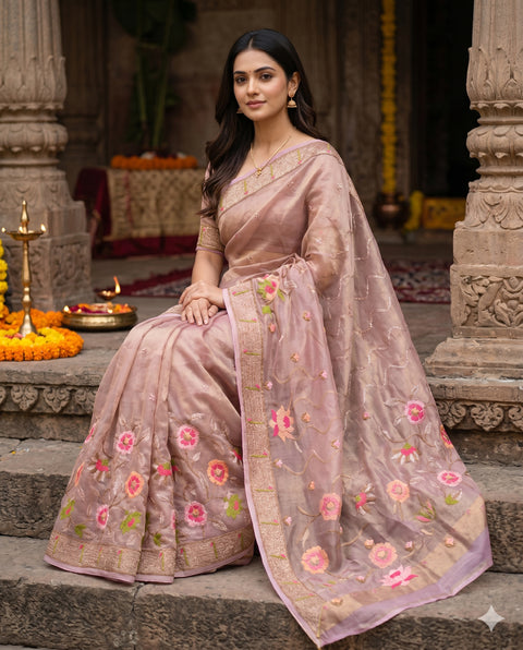 ORGANZA TISSUE PEACH SAREE