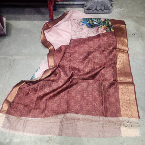 Dusky pink digital printed semi tussar saree