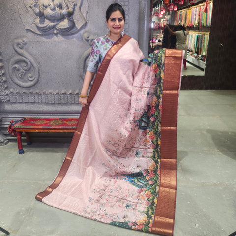 Dusky pink digital printed semi tussar saree