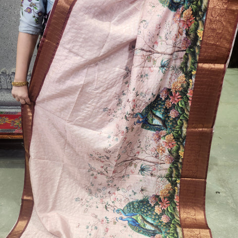 Dusky pink digital printed semi tussar saree