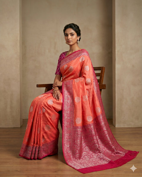 PURE CHINON PEACH ORANGE SAREE