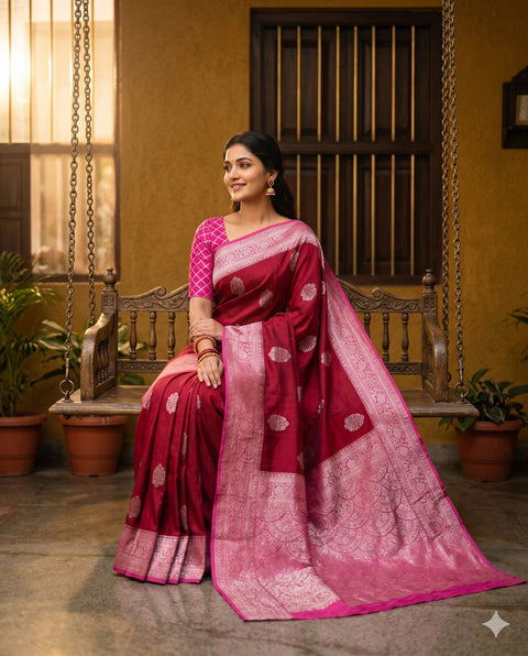 PURE CHINON RANI PINK SAREE