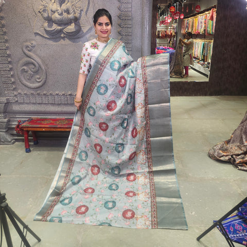 Pale grey digital printed kota saree