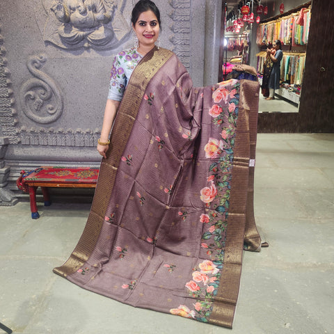 Chocolate brown digital printed matka silk saree