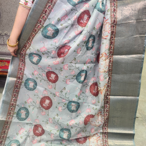 Pale grey digital printed kota saree